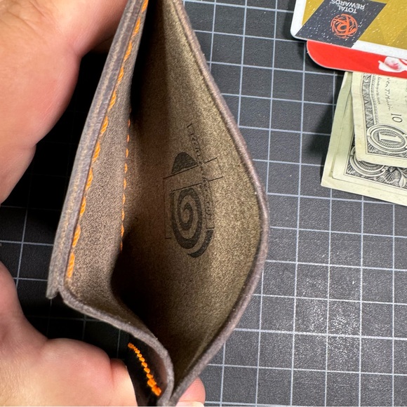 Ultra slim leather wallet minimalist card holder travel wallet -black/orange - Picture 7 of 8